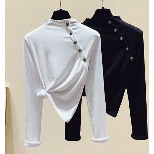 WWENN Women T Shirt Cotton Long Sleeve Tshirt Femininant 2020 Autumn Spring Casual Button Tops Tee Female Korean Clothing Black