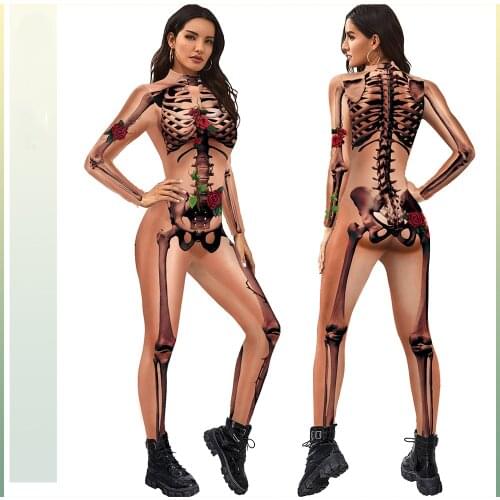 Womens Cosplay Clothing New Horror Rose Human Skeleton Digital Printing Sexy Slim Jumpsuits Terror Ghost Halloween Costumes