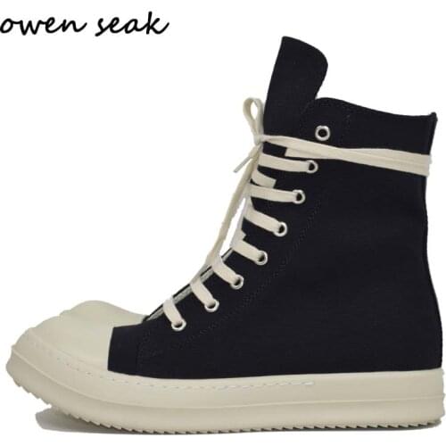 Owen Seak Men Casual Canvas Shoes Luxury Trainers Ankle Boots Lace Up Sneakers Zip High-TOP Hip Hop Streetwear Flats Black Shoes
