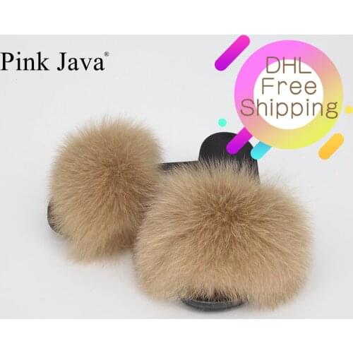 Pink java QC1802 2018 NEW ARRIVA summer women shoes real fox fur slipper girl luxury indoor slides flats fluffy big fox sandals