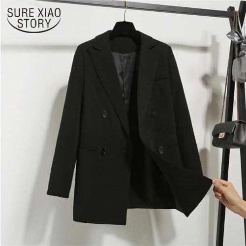 High Quality Autumn Winter Notched Double Breasted Jacket Korean Casual Black Women Jackets Fashion Work Wear Coat 15687