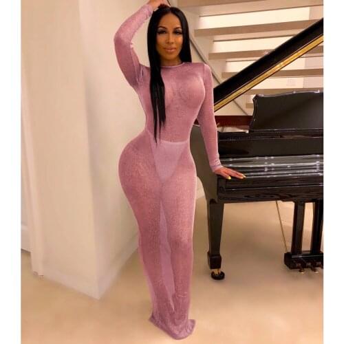 Women Autumn Sexy Long Sleeve Mesh See Through Maxi Dress Ladies Slim Bodycon Clubwear Evening Party Dresses