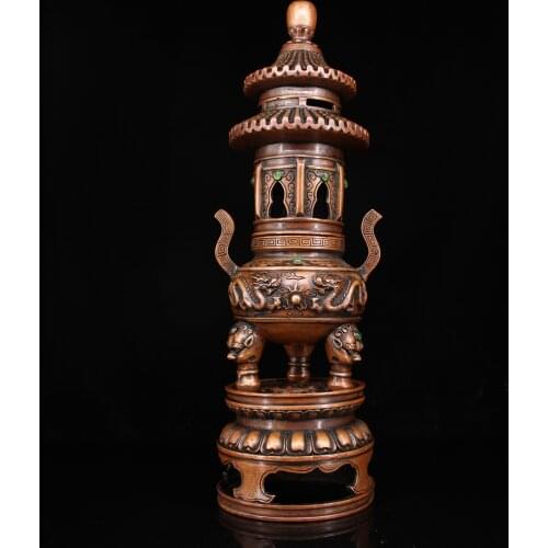 14"Chinese temple collection Old Bronze mosaic Gem Lion statue Three-legged incense burner pagoda Incense Ornaments Town House