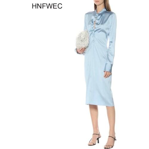 2020 turn-down collar full sleeves drawstring high waist slim single breasted blue color Satin shirt dress U329