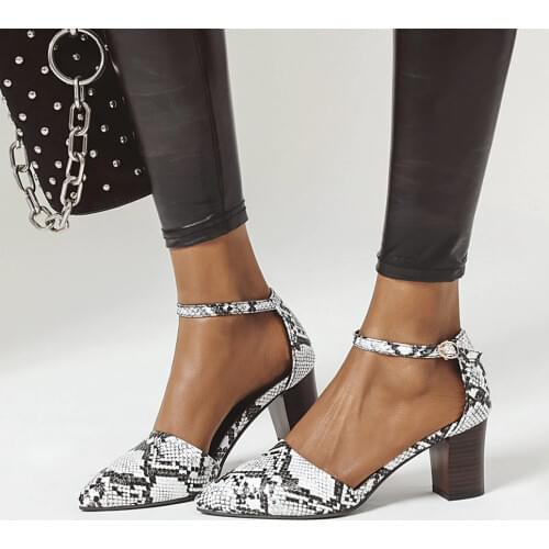 2021 Snake print Women Pumps Sandals Strap buckles Thick Heel Women Shoes Pointed toe High Heels Comfortable Ladies Shoes 34-43