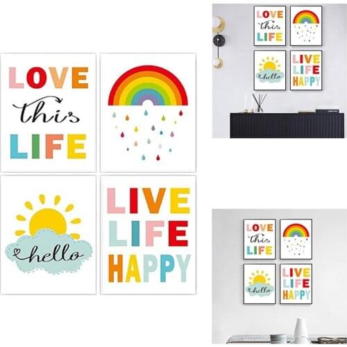 4Pcs Colorful Rainbow and Sunshine Quotes Art Print Inspirational Canvas Poste Painting Decorative No Frame