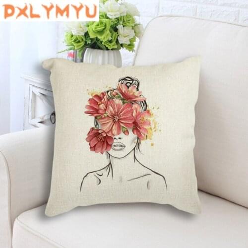 Abstract Girl Flower Plant Body Art Printed Cushion Cover Nordic Linen Cushion Pillow Case for Sofa Car Decoration