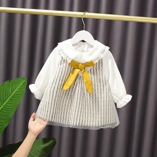 Kids Dresses for Girls Plaid Dress Peter Pan Collar Children Long Sleeve Clothes Baby Girls Princess Dress with Big Bow 0-3T