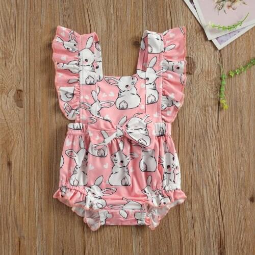 Newborn Baby Girl Rompers One Piece Rainbow/Rabbit Print Ruffles Short Sleeve Elastic Bow Jumpsuits 0-24M