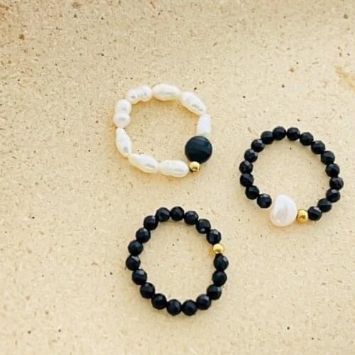Elegant Pearl Ring Natural Stone Obsidian Ring Jewlery for Women Stainless Steel Gold Color Bead Rings Party Jewlery Gift