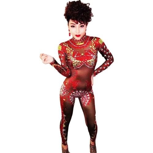 Long Sleeve Red Skinny Stretch Women Jumpsuits Sparkly Diamonds Backless Bodysuits Evening Prom Party Birthday Celebrate Costume