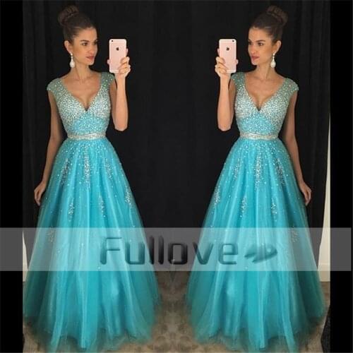 Fashion Sky Blue Prom Dress Long 2019 V-Neck Shining Crystal Beaded Sashes A-Line Evening Party Gowns Vestidos De Fiesta Abiye
