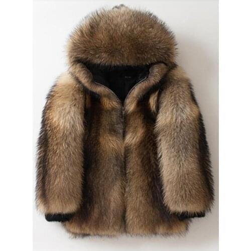 2019 New Mens Brown Raccoon Fur Coat Fox Fur Coat Sheepskin Jacket Hooded Leather Jacket Mens Winter Coats