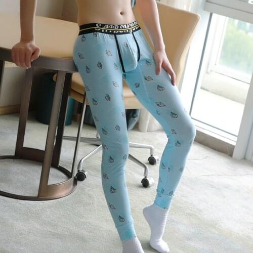 Mens Long Johns Thin Cotton Tight Thermal Pants Trend Printed Youth Leggings Mens Underwear Cotton Pants