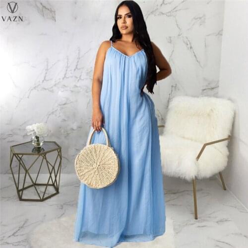 VAZN 2021 Lady New Fashion New Casual Holiday Style Long Dress Long Sleeve V Neck Dress Pure Color Loose Floor Length Dress