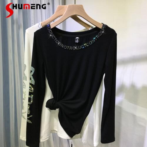 2021 Spring Autumn New Letter Water Drill Bead Elastic Long Sleeve T Shirt Round Neck Rhinestone Soft Cotton Shirt Women Tops