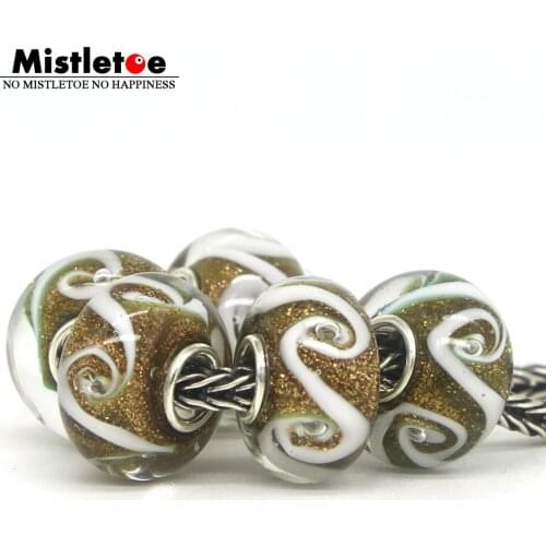 Mistletoe 925 Sterling Silver Murano Glass Gold Foil Vortex Charm Bead Fit European Bracelet Jewelery 1pcs