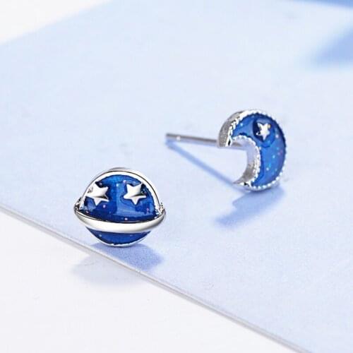 Wholesale 12 pair Tiny Blue Starry Planet Stud Earring for Women Classic Asymmetric Star Moon Earring Jewelry Accessories
