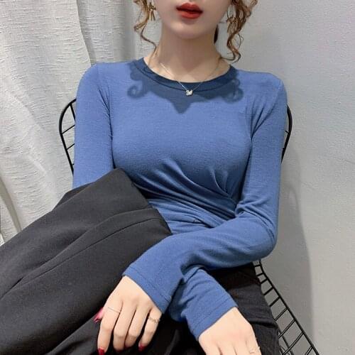 Harteen Autumn Long Sleeve T Shirt Women O Neck Folds Skinny Slim Basic Woman Tshirt Korean Fashion Casual Cotton Female Tops