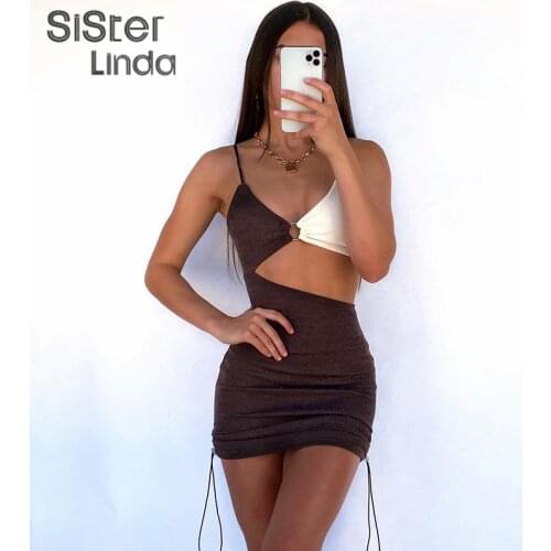 Sexy Hollow Slim Sling Dress Women Rib Knit Patchwork Spaghetti Strap Drawstring Ruched Clothing Lady Bodycon Mini Dresses 2021