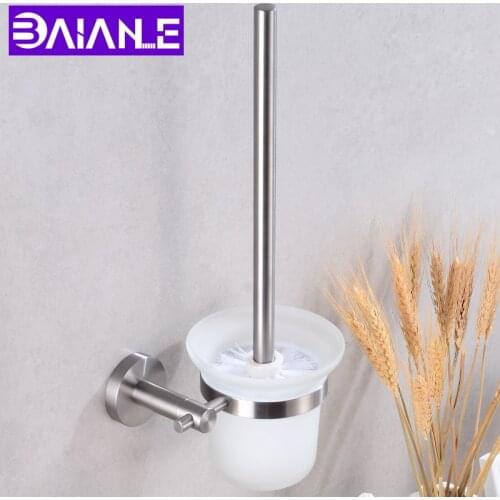 Modern Toilet Brush Holder Stainless Steel Wall Mounted Round Glass Cup Holder Bathroom Hardware Scrub Cleaning Brush Holder Set