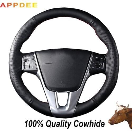 Hand-stitched Black Genuine Leather Steering Wheel Cover for Volvo S60 V40 V60 V70 2014 XC60