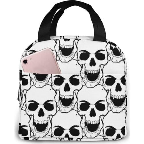 Hand Drawn Skulls Lunch Bag Portable Insulated Thermal Cooler Bento Lunch Box Tote Picnic Storage Bag Pouch