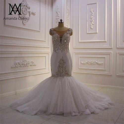 Bridal dress Cap Sleeve Lace Appliqued Mermaid Glitter Wedding dress
