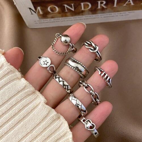 VKME Korean Punk Vintage Geometry Heart Open Rings For Women Mens Couples Ring Fashion Silver Adjustable Rings 2021 Jewelry