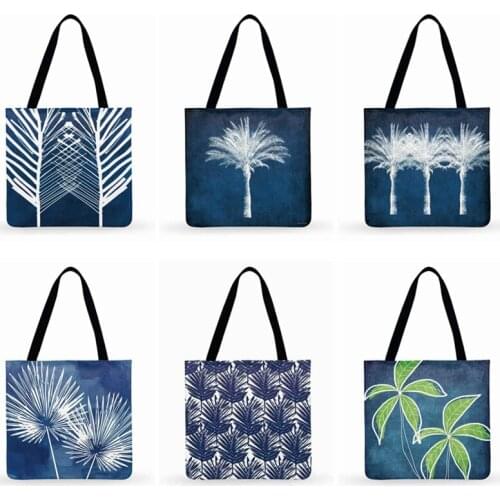 Retro Blue Plant Printed Tote Bag for Women Casual Tote Ladies Shoulder Bag outdoor Beach Tote Foldable Shopping Bag Fashion Bag
