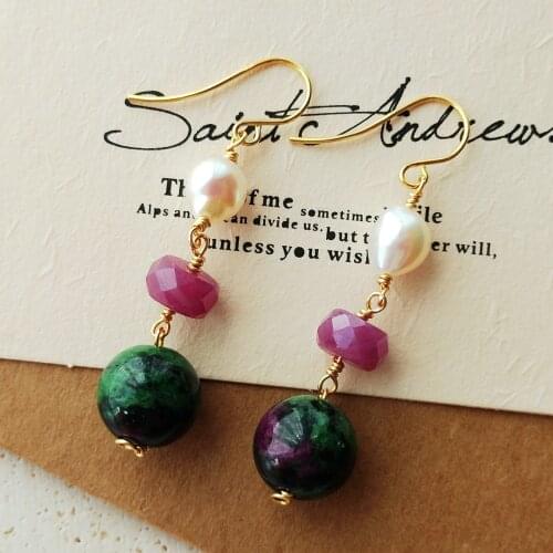 Lii Ji Real Gemstone 925 Sterling Silver Drop Earrings Ruby Anyolite Baroque Pearl Earring Women Jewelry Gift