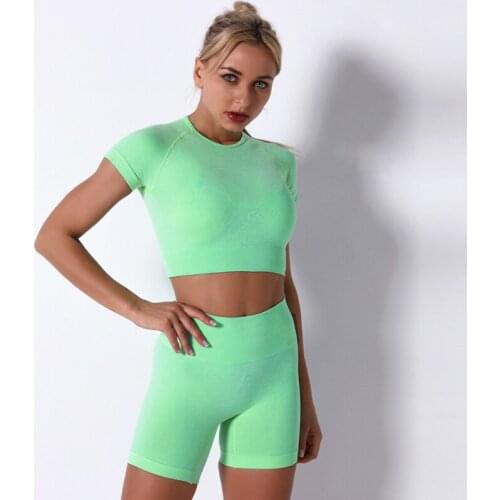 2 Pcs Women Seamless Yoga Set Sport Suit Gym Outfit Workout Clothes High Waist Shorts+Short Sleeve Crop Top Fitness Sports Wear