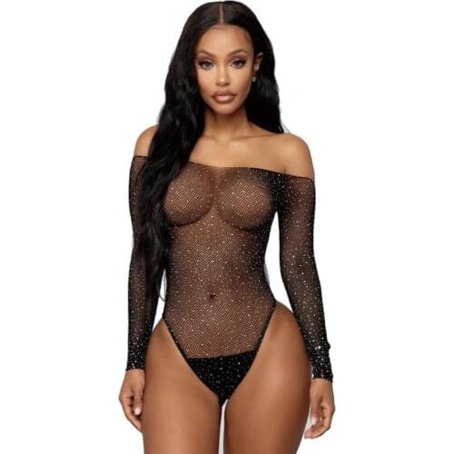 2021 new ladies hot drilling jumpsuit uniform temptation sexy open file long sleeves sexy underwear net sand clothes