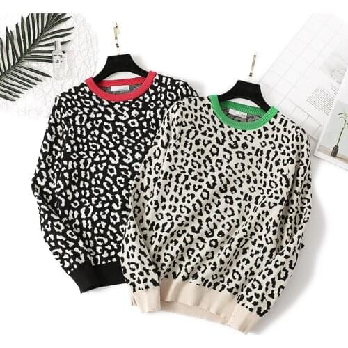 Spring Autumn Casual Loose O-Neck Womans Sweater Long Sleeve Leopard Print Knitted Pullovers for Female Ladies Basic Jumpers