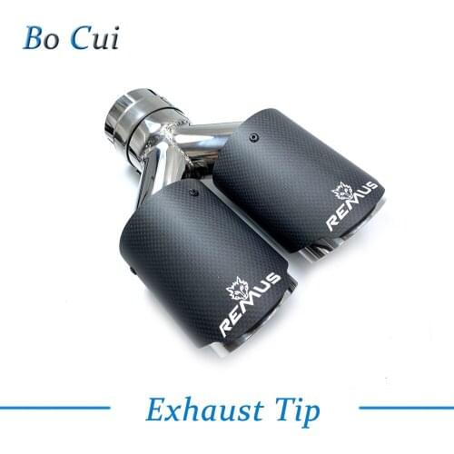 1PCS Matt Carbon Fiber Stainless Steel Universal Carbon Exhaust End Pipe Double Tips With Remus Logo
