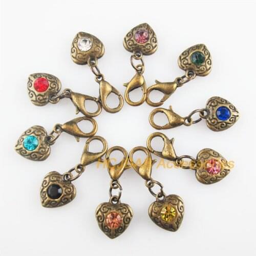 10Pcs Antiqued Bronze Tone Heart Retro Mixed Round Crystal 10x11.5mm With Lobster Claw Clasps Charms