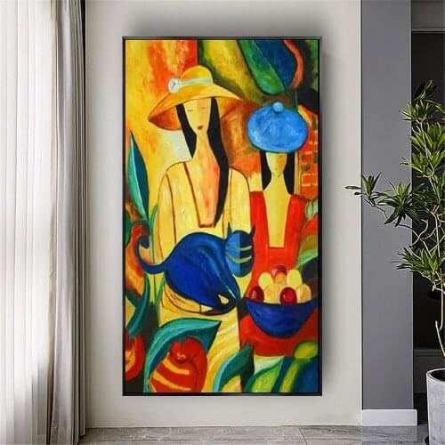 100% Hand Painted Fashion Woman Wall Art Bright Colorful Contemporary Picasso Gold Thick Oil Painting On Canvas Original Art