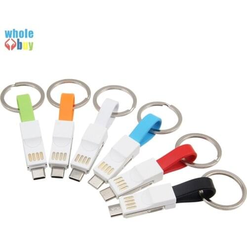 100pcs/lot 3In1 Charger Cable Flat Wire with Key Ring Micro USB 8pin Type-C Fast Charger Cable for Iphone 8 7 Huawei Samsung HTC