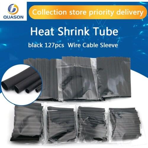 127pcs/lot Heat Shrink Tubing 7.28m 2:1 Black Tube Car Cable Sleeving Assortment Wrap Wire Kit with Polyolefin Tub Free Shipping
