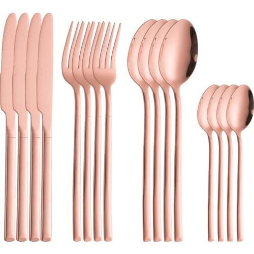 16Pcs Rose Gold Cutlery Set Knife Fork Coffee Spoons Dinnerware Set Stainless Steel Tableware Set Western Kitchen Silverware Set