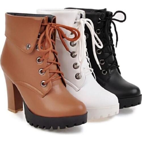 Womens White Comfor Autumn And Winter Belt Buckle High Heel Platform Ankle Boots Black Pink Booties Large Sizes