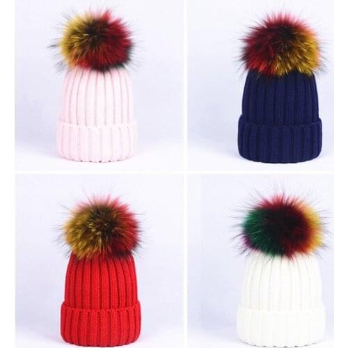 Childrens Fur Ball Knitted Skullies Beanies Kids Girls Baggy Striped Acrylic Knitting Hats Casquette With Rainbow Fur pom pom