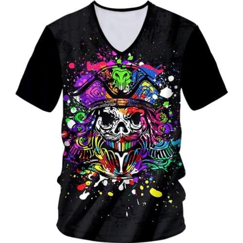 IFPD EU/US Size Men V-neck Tshirts Summer Colorful Skull Print Pirate Captain T-shirt 3D Print Plus Size Casual Funny Shirts