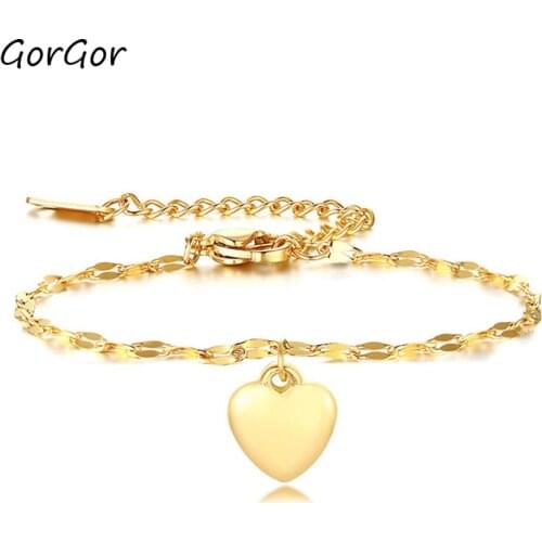 GorGor New Arrivals Stainless Steel Heart-shaped Golden Charm Gold Color Round Chains for Fashion Vinatge Women Jewelry BR-866