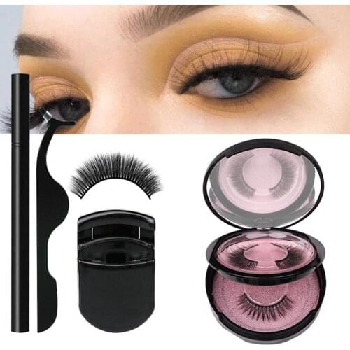 3D Hair Fluffy Wispy Eyelashe Artificial Eyelashes 2 Pairs Magic Artificial Eyelashes Curler Liquid Eyeliner Pencil Makeup Tool