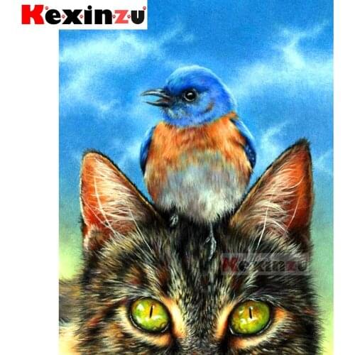 Full Square/Round 5d Diamond Painting-Blue bird and cat-3d Embroidery Cross Stitch Diamond Mosaic Full Picture Rhinestone Decor