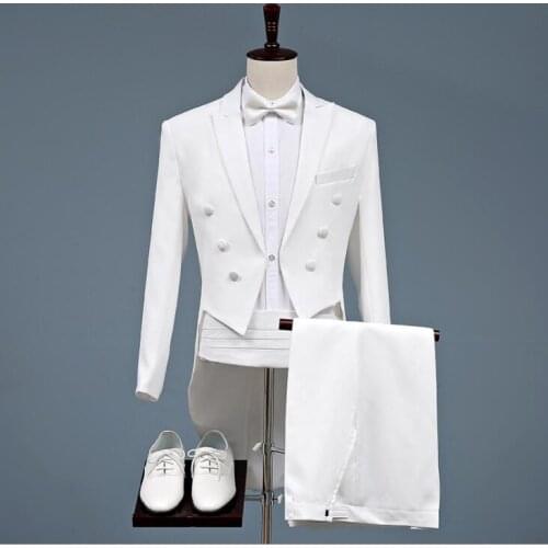 White clothing for men tuxedo suit set with pants 2020 mens wedding suits costume Singer star style stage formal dress tie