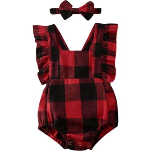 Newborn Baby Infant Boy Girl Christmas Plaid Fly Sleeve Romper Cotton Bodysuit Bow Headband Outfit Kids Xmas Clothes 0-18M