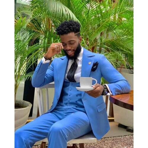 Fashion Bright Blue Wide Notch Lapel One Buttons Men Suits 3 Pieces Costum Homme Groom Wedding Terno Masculino Slim Fit Blazer