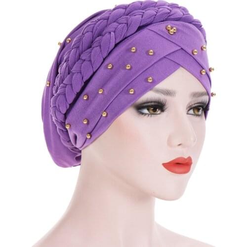 New Luxury Beaded Pearled Turban Long Head Scarf Headwrap Women Muslim Hijab Bandanas Hair Accessories